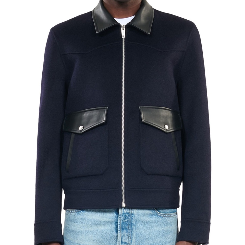The Kooples Leather Trim Wool Blend Jacket in Navy